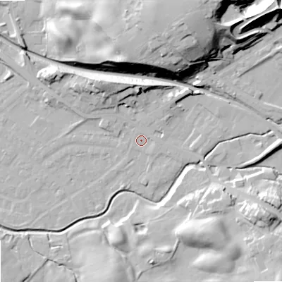 Shaded relief map of the ground around OL164GD, computed from Environment Agency LiDAR. The ground here sits at about 158 m above sea level and falls 43 m across the surrounding 800 m. Surface water reaching this point runs off ground lying to the east, 1.5 m higher.