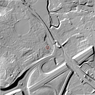 Shaded relief map of the ground around OL164GH, computed from Environment Agency LiDAR. The ground here sits at about 151 m above sea level and falls 25 m across the surrounding 800 m. Surface water reaching this point runs off ground lying to the south-west, 19.8 m higher.