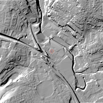 Shaded relief map of the ground around OL164HD, computed from Environment Agency LiDAR. The ground here sits at about 149 m above sea level and falls 36 m across the surrounding 800 m. Surface water reaching this point runs off ground lying to the west-south-west, 5.0 m higher.