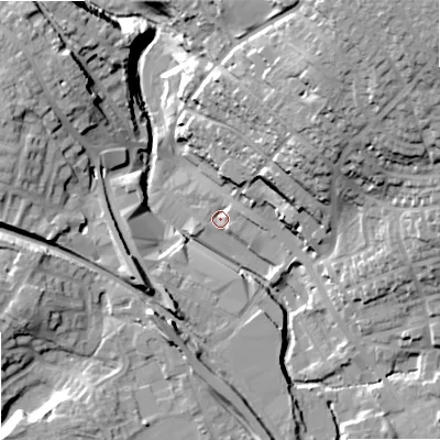 Shaded relief map of the ground around OL164HG, computed from Environment Agency LiDAR. The ground here sits at about 145 m above sea level and falls 42 m across the surrounding 800 m. Surface water reaching this point runs off ground lying to the east, 3.7 m higher.