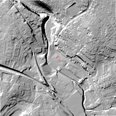 Shaded relief map of the ground around OL164HN, computed from Environment Agency LiDAR. The ground here sits at about 144 m above sea level and falls 44 m across the surrounding 800 m. Surface water reaching this point runs off ground lying to the north-east, 31.2 m higher.