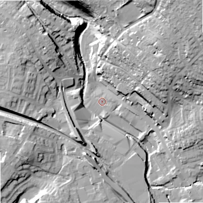 Shaded relief map of the ground around OL164HP, computed from Environment Agency LiDAR. The ground here sits at about 144 m above sea level and falls 43 m across the surrounding 800 m. Surface water reaching this point runs off ground lying to the east-south-east, 3.7 m higher.