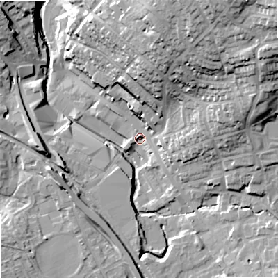 Shaded relief map of the ground around OL164HQ, computed from Environment Agency LiDAR. The ground here sits at about 146 m above sea level and falls 39 m across the surrounding 800 m. Surface water reaching this point runs off ground lying to the north-north-east, 32.1 m higher.