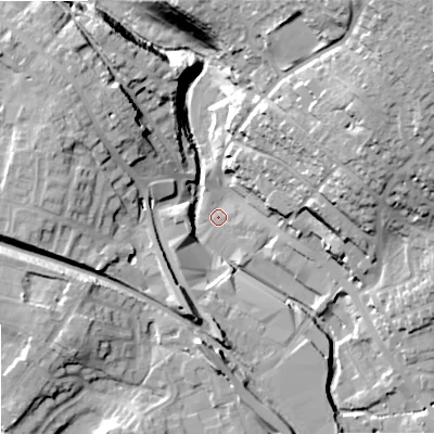 Shaded relief map of the ground around OL164HR, computed from Environment Agency LiDAR. The ground here sits at about 143 m above sea level and falls 43 m across the surrounding 800 m. Surface water reaching this point runs off ground lying to the north-east, 31.6 m higher.