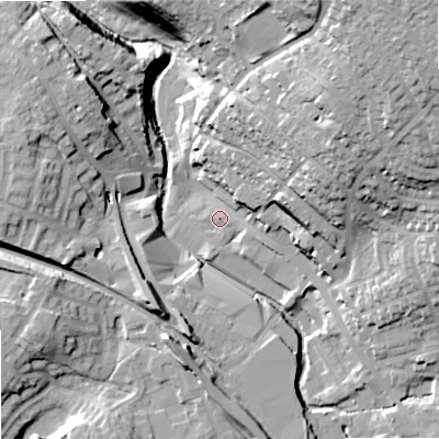 Shaded relief map of the ground around OL164HS, computed from Environment Agency LiDAR. The ground here sits at about 145 m above sea level and falls 44 m across the surrounding 800 m. Surface water reaching this point runs off ground lying to the north-east, 28.7 m higher.