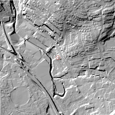 Shaded relief map of the ground around OL164HU, computed from Environment Agency LiDAR. The ground here sits at about 147 m above sea level and falls 37 m across the surrounding 800 m. Surface water reaching this point runs off ground lying to the east-north-east, 22.9 m higher.