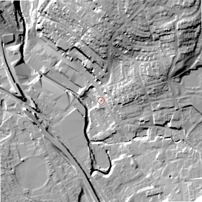 Shaded relief map of the ground around OL164HX, computed from Environment Agency LiDAR. The ground here sits at about 148 m above sea level and falls 38 m across the surrounding 800 m. Surface water reaching this point runs off ground lying to the east-north-east, 11.8 m higher.