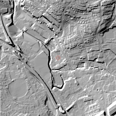 Shaded relief map of the ground around OL164HZ, computed from Environment Agency LiDAR. The ground here sits at about 147 m above sea level and falls 35 m across the surrounding 800 m. Surface water reaching this point runs off ground lying to the north-east, 22.9 m higher.