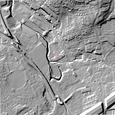 Shaded relief map of the ground around OL164JA, computed from Environment Agency LiDAR. The ground here sits at about 148 m above sea level and falls 33 m across the surrounding 800 m. Surface water reaching this point runs off ground lying to the east-south-east, 1.7 m higher.