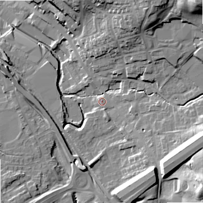 Shaded relief map of the ground around OL164JD, computed from Environment Agency LiDAR. The ground here sits at about 150 m above sea level and falls 35 m across the surrounding 800 m. Surface water reaching this point runs off ground lying to the south-east, 6.2 m higher.