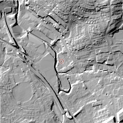 Shaded relief map of the ground around OL164JQ, computed from Environment Agency LiDAR. The ground here sits at about 146 m above sea level and falls 35 m across the surrounding 800 m. Surface water reaching this point runs off ground lying to the south-east, 2.3 m higher.