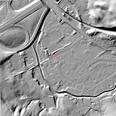 Shaded relief map of the ground around OL164JR, computed from Environment Agency LiDAR. The ground here sits at about 154 m above sea level and falls 72 m across the surrounding 800 m. Surface water reaching this point runs off ground lying to the east-north-east, 15.9 m higher.