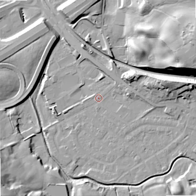Shaded relief map of the ground around OL164JS, computed from Environment Agency LiDAR. The ground here sits at about 155 m above sea level and falls 39 m across the surrounding 800 m. Surface water reaching this point runs off ground lying to the east, 15.0 m higher.