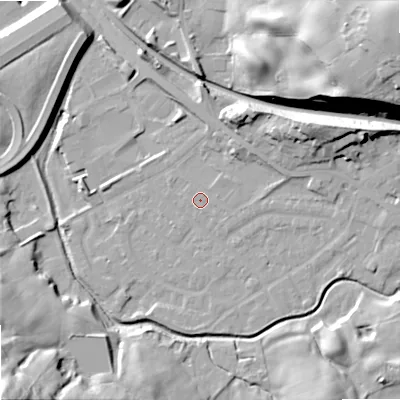 Shaded relief map of the ground around OL164JX, computed from Environment Agency LiDAR. The ground here sits at about 155 m above sea level and falls 57 m across the surrounding 800 m. Surface water reaching this point runs off ground lying to the east-north-east, 14.4 m higher.