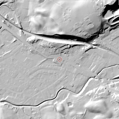 Shaded relief map of the ground around OL164JY, computed from Environment Agency LiDAR. The ground here sits at about 159 m above sea level and falls 67 m across the surrounding 800 m. Surface water reaching this point runs off ground lying to the north, 10.5 m higher.