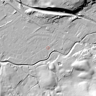 Shaded relief map of the ground around OL164LD, computed from Environment Agency LiDAR. The ground here sits at about 157 m above sea level and falls 35 m across the surrounding 800 m. Surface water reaching this point runs off ground lying to the east-north-east, 4.2 m higher.