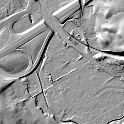 Shaded relief map of the ground around OL164LE, computed from Environment Agency LiDAR. The ground here sits at about 153 m above sea level and falls 44 m across the surrounding 800 m. Surface water reaching this point runs off ground lying to the east, 5.1 m higher.