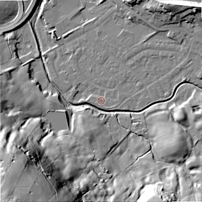 Shaded relief map of the ground around OL164LF, computed from Environment Agency LiDAR. The ground here sits at about 155 m above sea level and falls 88 m across the surrounding 800 m. Surface water reaching this point runs off ground lying to the south-south-east, 1.6 m higher.
