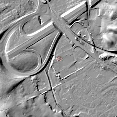 Shaded relief map of the ground around OL164LG, computed from Environment Agency LiDAR. The ground here sits at about 154 m above sea level and falls 52 m across the surrounding 800 m. Surface water reaching this point runs off ground lying to the east, 5.1 m higher.
