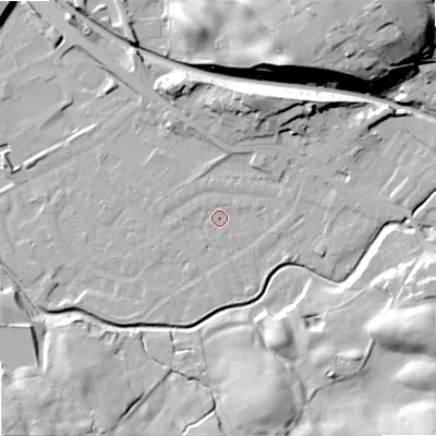 Shaded relief map of the ground around OL164LH, computed from Environment Agency LiDAR. The ground here sits at about 156 m above sea level and falls 38 m across the surrounding 800 m. Surface water reaching this point runs off ground lying to the east, 1.6 m higher.