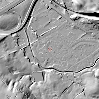 Shaded relief map of the ground around OL164LJ, computed from Environment Agency LiDAR. The ground here sits at about 154 m above sea level and falls 79 m across the surrounding 800 m. Surface water reaching this point runs off ground lying to the east, 4.1 m higher.