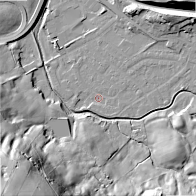 Shaded relief map of the ground around OL164LL, computed from Environment Agency LiDAR. The ground here sits at about 154 m above sea level and falls 86 m across the surrounding 800 m. Surface water reaching this point runs off ground lying to the east-north-east, 5.0 m higher.