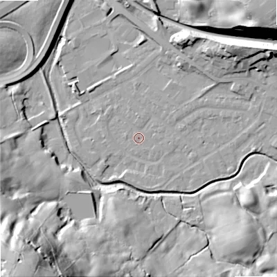 Shaded relief map of the ground around OL164LN, computed from Environment Agency LiDAR. The ground here sits at about 155 m above sea level and falls 78 m across the surrounding 800 m. Surface water reaching this point runs off ground lying to the east, 1.3 m higher.