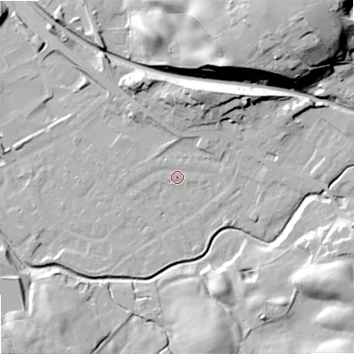 Shaded relief map of the ground around OL164LP, computed from Environment Agency LiDAR. The ground here sits at about 157 m above sea level and falls 40 m across the surrounding 800 m. Surface water reaching this point runs off ground lying to the east, 1.7 m higher.