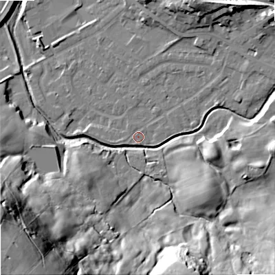 Shaded relief map of the ground around OL164LQ, computed from Environment Agency LiDAR. The ground here sits at about 155 m above sea level and falls 84 m across the surrounding 800 m. Surface water reaching this point runs off ground lying to the east-north-east, 5.3 m higher.