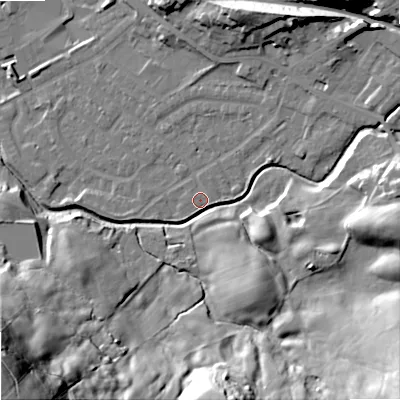 Shaded relief map of the ground around OL164LR, computed from Environment Agency LiDAR. The ground here sits at about 156 m above sea level and falls 73 m across the surrounding 800 m. Surface water reaching this point runs off ground lying to the south-east, 27.2 m higher.