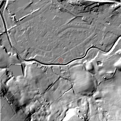 Shaded relief map of the ground around OL164LS, computed from Environment Agency LiDAR. The ground here sits at about 155 m above sea level and falls 82 m across the surrounding 800 m. Surface water reaching this point runs off ground lying to the east, 1.5 m higher.