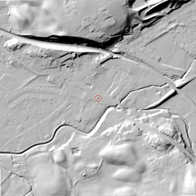 Shaded relief map of the ground around OL164LT, computed from Environment Agency LiDAR. The ground here sits at about 160 m above sea level and falls 38 m across the surrounding 800 m. Surface water reaching this point runs off ground lying to the east, 1.5 m higher.