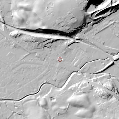 Shaded relief map of the ground around OL164LU, computed from Environment Agency LiDAR. The ground here sits at about 159 m above sea level and falls 52 m across the surrounding 800 m. Surface water reaching this point runs off ground lying to the north-east, 7.6 m higher.