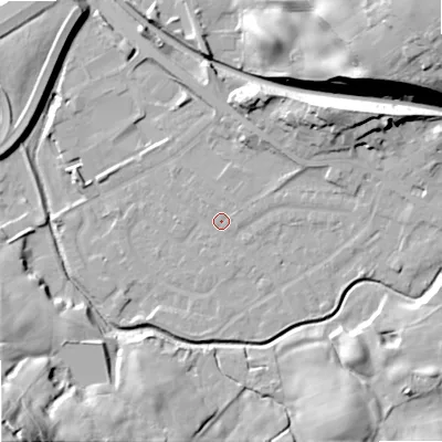 Shaded relief map of the ground around OL164LW, computed from Environment Agency LiDAR. The ground here sits at about 155 m above sea level and falls 67 m across the surrounding 800 m. Surface water reaching this point runs off ground lying to the east, 3.3 m higher.