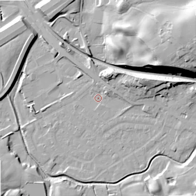 Shaded relief map of the ground around OL164NB, computed from Environment Agency LiDAR. The ground here sits at about 156 m above sea level and falls 42 m across the surrounding 800 m. Surface water reaching this point runs off ground lying to the east-north-east, 3.7 m higher.