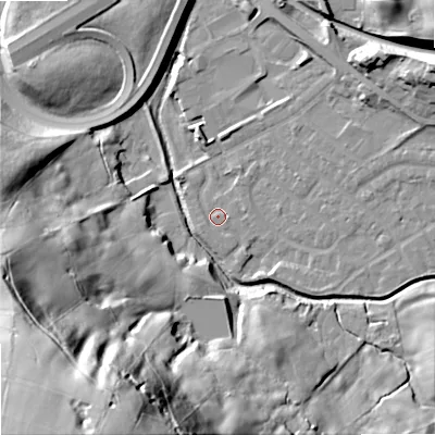 Shaded relief map of the ground around OL164ND, computed from Environment Agency LiDAR. The ground here sits at about 154 m above sea level and falls 83 m across the surrounding 800 m. Surface water reaching this point runs off ground lying to the south-east, 3.0 m higher.