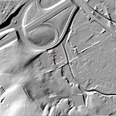 Shaded relief map of the ground around OL164NU, computed from Environment Agency LiDAR. The ground here sits at about 152 m above sea level and falls 74 m across the surrounding 800 m. Surface water reaching this point runs off ground lying to the south-south-west, 71.7 m higher.