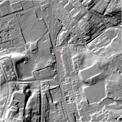 Shaded relief map of the ground around OL164PA, computed from Environment Agency LiDAR. The ground here sits at about 142 m above sea level and falls 39 m across the surrounding 800 m. Surface water reaching this point runs off ground lying to the south-east, 16.9 m higher.
