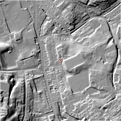 Shaded relief map of the ground around OL164PB, computed from Environment Agency LiDAR. The ground here sits at about 147 m above sea level and falls 44 m across the surrounding 800 m. Surface water reaching this point runs off ground lying to the east-south-east, 9.3 m higher.