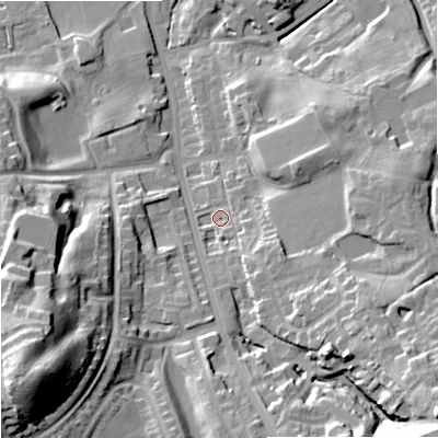 Shaded relief map of the ground around OL164PE, computed from Environment Agency LiDAR. The ground here sits at about 147 m above sea level and falls 44 m across the surrounding 800 m. Surface water reaching this point runs off ground lying to the east-south-east, 8.5 m higher.