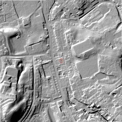 Shaded relief map of the ground around OL164PF, computed from Environment Agency LiDAR. The ground here sits at about 146 m above sea level and falls 46 m across the surrounding 800 m. Surface water reaching this point runs off ground lying to the east, 2.3 m higher.