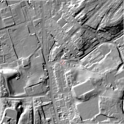Shaded relief map of the ground around OL164PG, computed from Environment Agency LiDAR. The ground here sits at about 143 m above sea level and falls 34 m across the surrounding 800 m. Surface water reaching this point runs off ground lying to the south-east, 17.3 m higher.