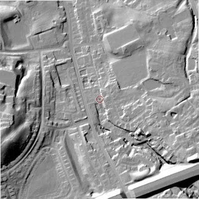 Shaded relief map of the ground around OL164RG, computed from Environment Agency LiDAR. The ground here sits at about 150 m above sea level and falls 44 m across the surrounding 800 m. Surface water reaching this point runs off ground lying to the east-south-east, 28.0 m higher.