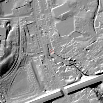 Shaded relief map of the ground around OL164RQ, computed from Environment Agency LiDAR. The ground here sits at about 150 m above sea level and falls 41 m across the surrounding 800 m. Surface water reaching this point runs off ground lying to the east-south-east, 27.9 m higher.