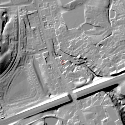 Shaded relief map of the ground around OL164RT, computed from Environment Agency LiDAR. The ground here sits at about 155 m above sea level and falls 36 m across the surrounding 800 m. Surface water reaching this point runs off ground lying to the east-south-east, 26.0 m higher.