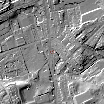 Shaded relief map of the ground around OL164SP, computed from Environment Agency LiDAR. The ground here sits at about 139 m above sea level and falls 27 m across the surrounding 800 m. Surface water reaching this point runs off ground lying to the south-south-east, 18.4 m higher.