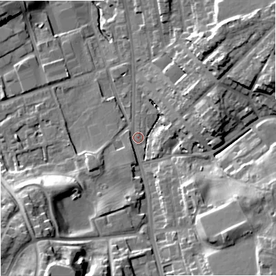 Shaded relief map of the ground around OL164SU, computed from Environment Agency LiDAR. The ground here sits at about 140 m above sea level and falls 31 m across the surrounding 800 m. Surface water reaching this point runs off ground lying to the south-south-west, 24.6 m higher.