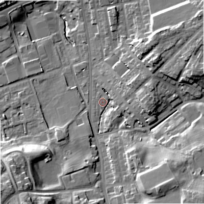 Shaded relief map of the ground around OL164SX, computed from Environment Agency LiDAR. The ground here sits at about 139 m above sea level and falls 27 m across the surrounding 800 m. Surface water reaching this point runs off ground lying to the south-south-east, 17.0 m higher.