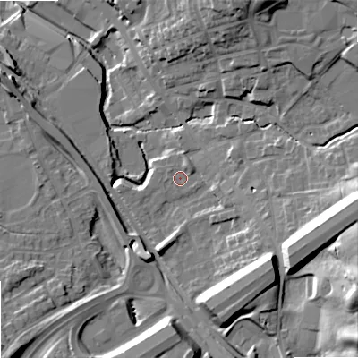 Shaded relief map of the ground around OL164YA, computed from Environment Agency LiDAR. The ground here sits at about 150 m above sea level and falls 31 m across the surrounding 800 m. Surface water reaching this point runs off ground lying to the east-south-east, 24.4 m higher.