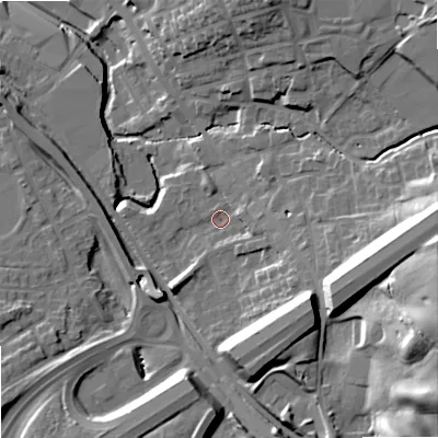 Shaded relief map of the ground around OL164YB, computed from Environment Agency LiDAR. The ground here sits at about 150 m above sea level and falls 32 m across the surrounding 800 m. Surface water reaching this point runs off ground lying to the east-south-east, 25.1 m higher.